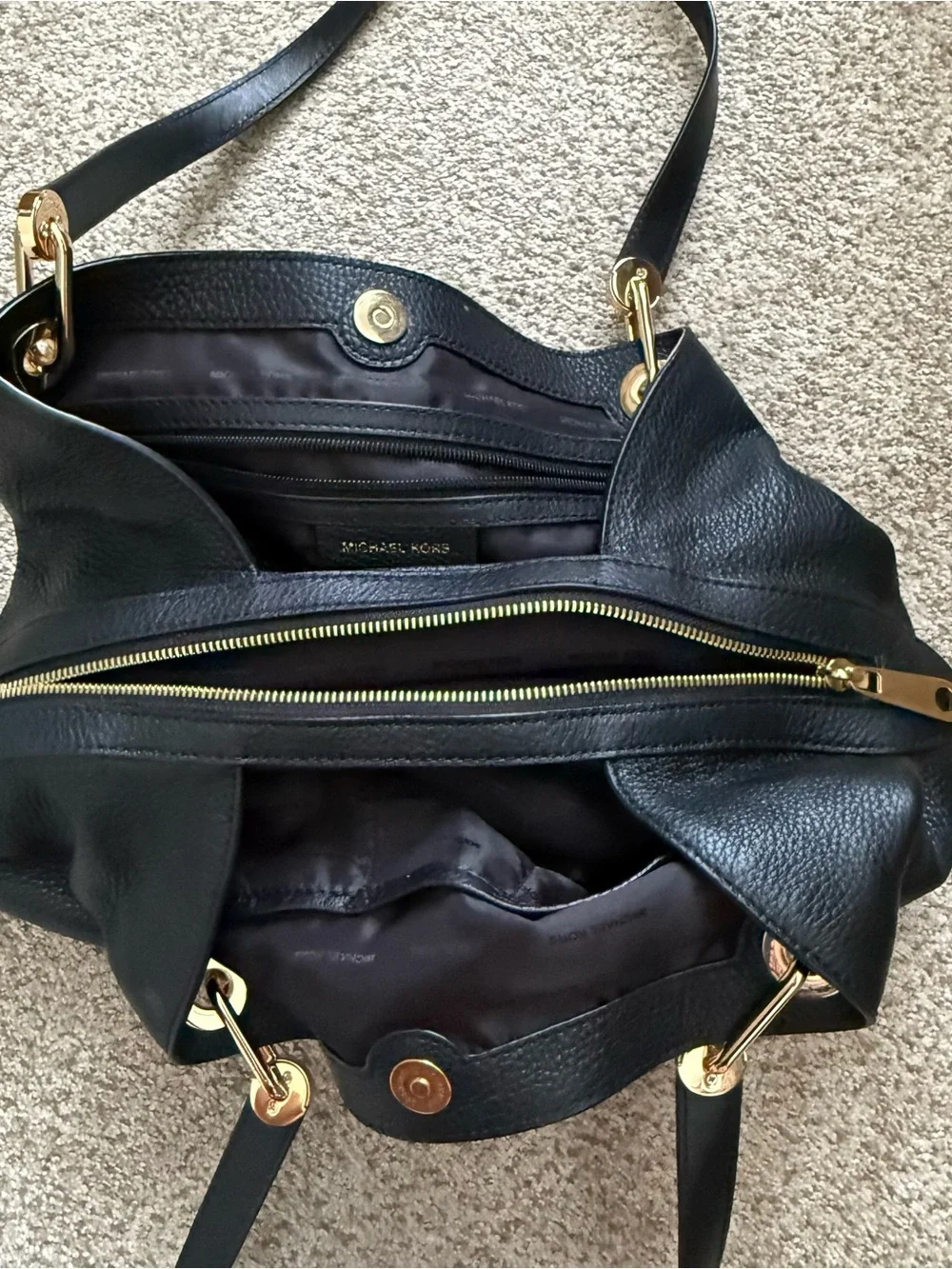 Michael Kors Black Pebbled Leather Shoulder Tote with Gold Hardware